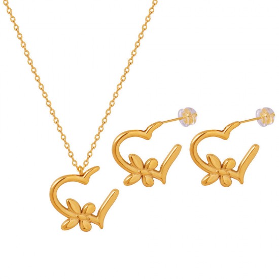 18K Gold Plated Stainless Steel Necklaces Earrings Heart Butterfly Flower Design Stud Pendant Women Fashion Jewelry Set