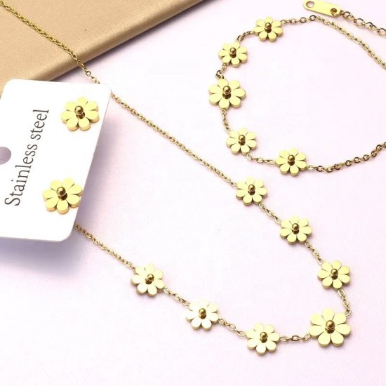 Women's fashion jewelry stainless steel necklace and earrings set Necklace, earrings, bracelet, 18K gold-plated small Daisy set