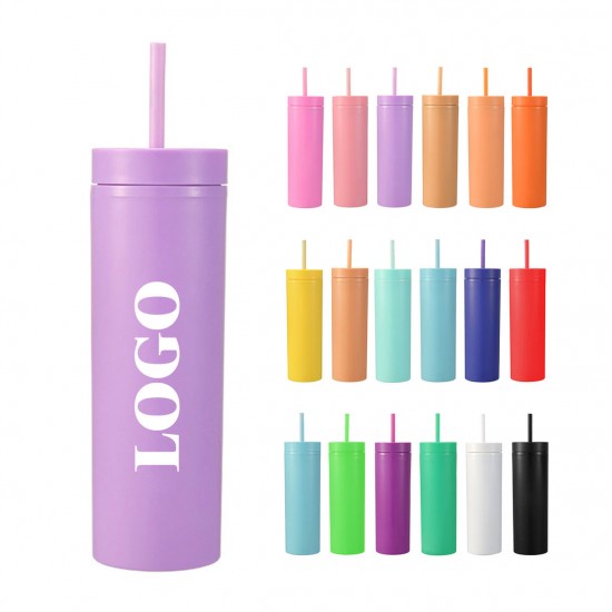 Custom Logo 16oz Plastic Skinny Tumbler Cups with Various Colors Stocked BPA Free 16 oz Plastic Water Cup with lid and Straw