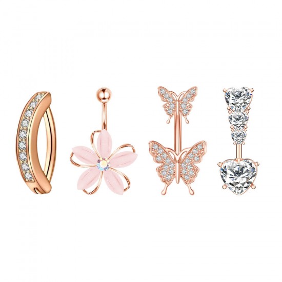 316L Stainless Steel Belly Button Rings Butterfly Flower Curved Barbell Crystal CZ Navel Rings Body Piercing Jewelry