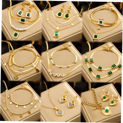 Dainty Stainless Steel 18k Gold Emerald Zircon Heart Eye Layered Pendant Necklace Earrings Bracelet Women Jewelry Set For Gift