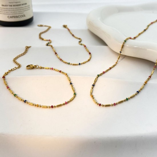 Commuter Drip Oil Rice Bead Chain Necklace Bracelet Anklet Jewelry Titanium Steel Gold Plated Jewelry Set