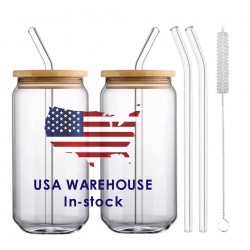 USA Warehouse Fast Shipping 16oz Clear Borosilicate Glass Cup Beer Soda Can Blank Sublimation Tumbler With Straw Bamboo Lid