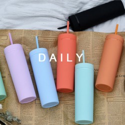 Wholesale Custom 16oz Double Wall Skinny Tumbler Reusable Cold Cup Plastic Acrylic Tumbler With Straw And Lid