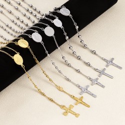 Stainless Steel Catholic Rosary Necklace Gold Plated Bead Jesus Crucifix Cross Virgin Mary Christian Jewelry