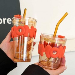 Portable Drinking Cartoon Glass Straw Insulated Set Accompanying Student Gift Straw Cup tumbler mug and Casual Cups for Students