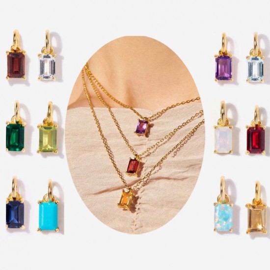 Waterproof Fashion Gold Plated Jewelry Necklaces Cz Cubic Zirconia Opal Stainless Steel Square Birthstone Pendant Necklace