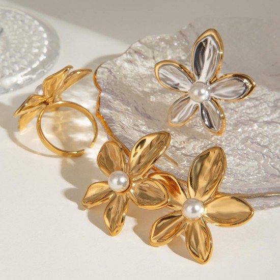 Gold Plated Stainless Steel Fashion Ring And Earrings Flower Jewelry Sets Made In China Wholesale For Women Gift