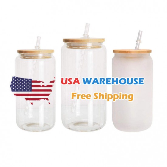 USA Warehouse stocked 16oz 25oz Clear Frosted Sublimation Blanks Glass Mason Jar Beer Can Glass Cup With Bamboo Lid And Straw