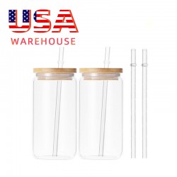 US Warehouse 16oz Can Shaped Glass Tumbler Cups Drinking Glasses with Bamboo Lids and Glass Straw