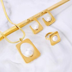 3pcs Geometric Square Inlaid Pearl Pendant Necklace Waterproof 18k Gold Plated Stainless Steel Ring Earrings Necklace Set