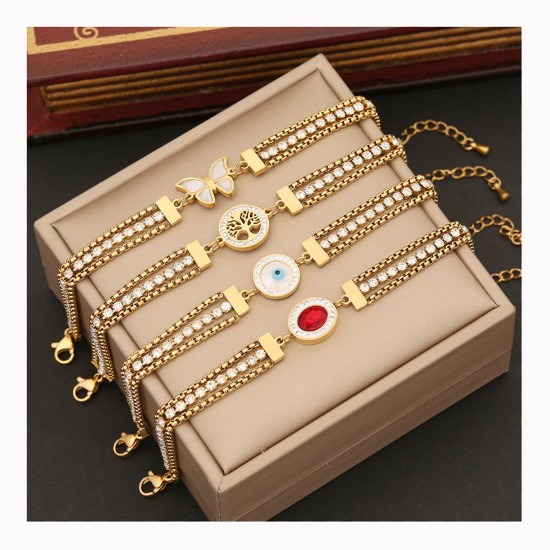 Fashion Stainless Steel Red Zirconia Butterfly Bracelet Vintage Gold Plated Diamond Women's Party Jewelry Accessories