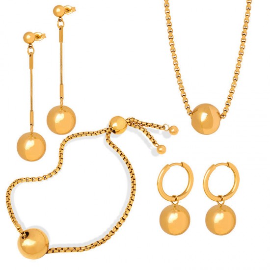 New Ball Pendant Box Chain Stainless Steel Gold Plated Tarnish Free Pull Bracelet Earrings Necklace Jewelry Set for Women