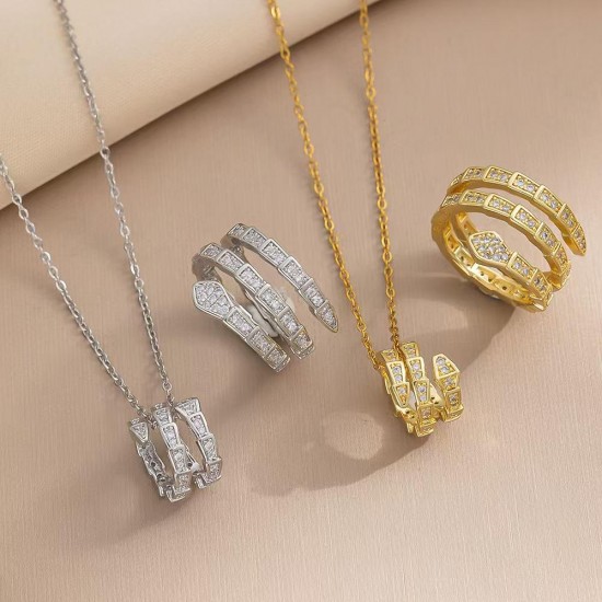 High quality waterproof 316L stainless steel jewelry set crystal zircon snake pendant necklace and ring for women