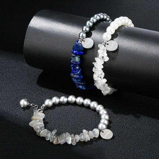 JD GEMS Handmade Men Women Stretchy Beads Bangle Natural Stone Beads Gravel Shell Beads Stainless Steel Bracelet