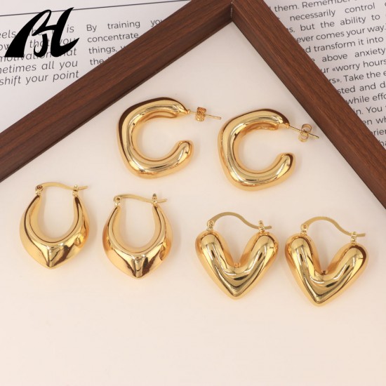 Promotion Glossy Non-Tarnish Stainless Steel Smooth Heart Earrings Gold-Plated Trendy Hoop with Pearl Girl Gift