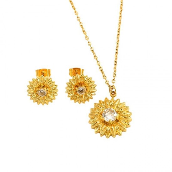 Hongtong B1-212 Stainless Steel 18K Gold Plated Sunflower Women Fashion Jewelry Set Pendant Necklaces Earrings