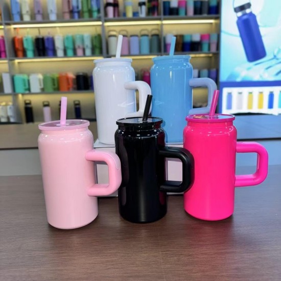 Wholesale 16oz Sublimation Blank Stainless Steel Colored Can Cup With Handle and Straw 16oz Insulated Double Wall Vacuum Mug