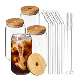 Morden Custom 16oz Whiskey, Soda, Tea, Water Beer Glasses Can Shaped Glass Straw Cup With Bamboo Lid