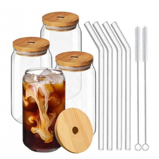 Morden Custom 16oz Whiskey, Soda, Tea, Water Beer Glasses Can Shaped Glass Straw Cup With Bamboo Lid