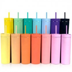 Customized Double Wall Slim Skinny Tumbler Straw Cup Acrylic Pastel Colored Matte 16oz Personalised Tumbler Cups with Straw