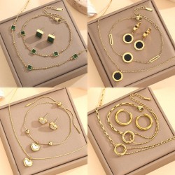 Fashion Stainless Steel 18K Gold Emerald Heart Pendant Necklace Stud Earrings Bracelet Women Vintage 3 Pcs Jewelry Set For Gifts