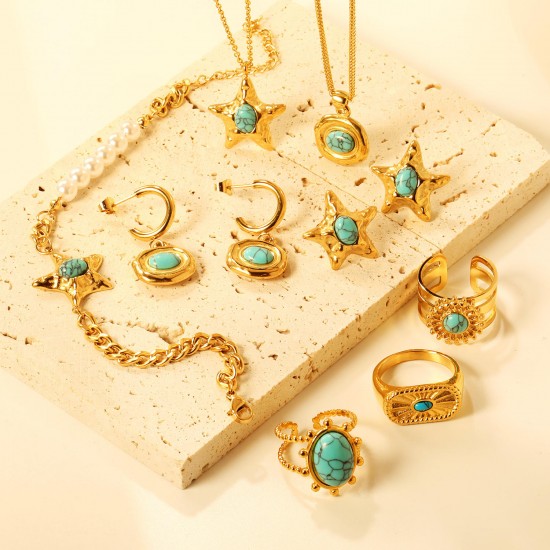 New Arrive Stainless Steel Set Gold Plated Necklace Bracelet Earring Turquoise Stone Jewelry Wholesale For Women