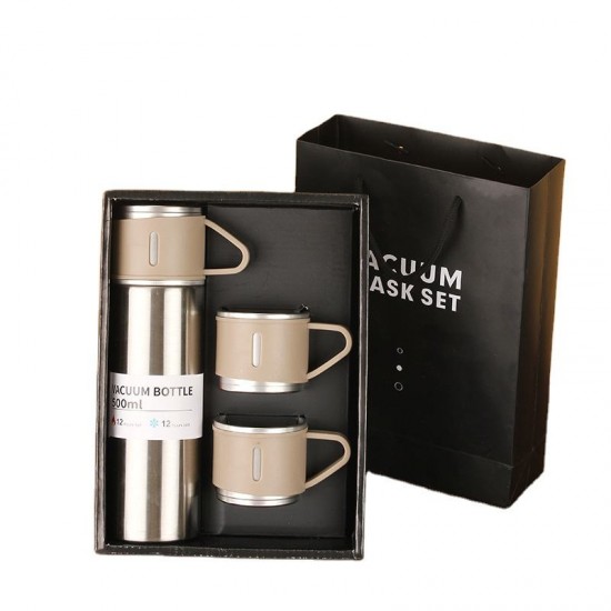 High Quality 500ml Business Vacuum Cup Bottle Thermos 304 Stainless Steel Vacuum Flask Gift Set One Cup Two Lids Gift Box